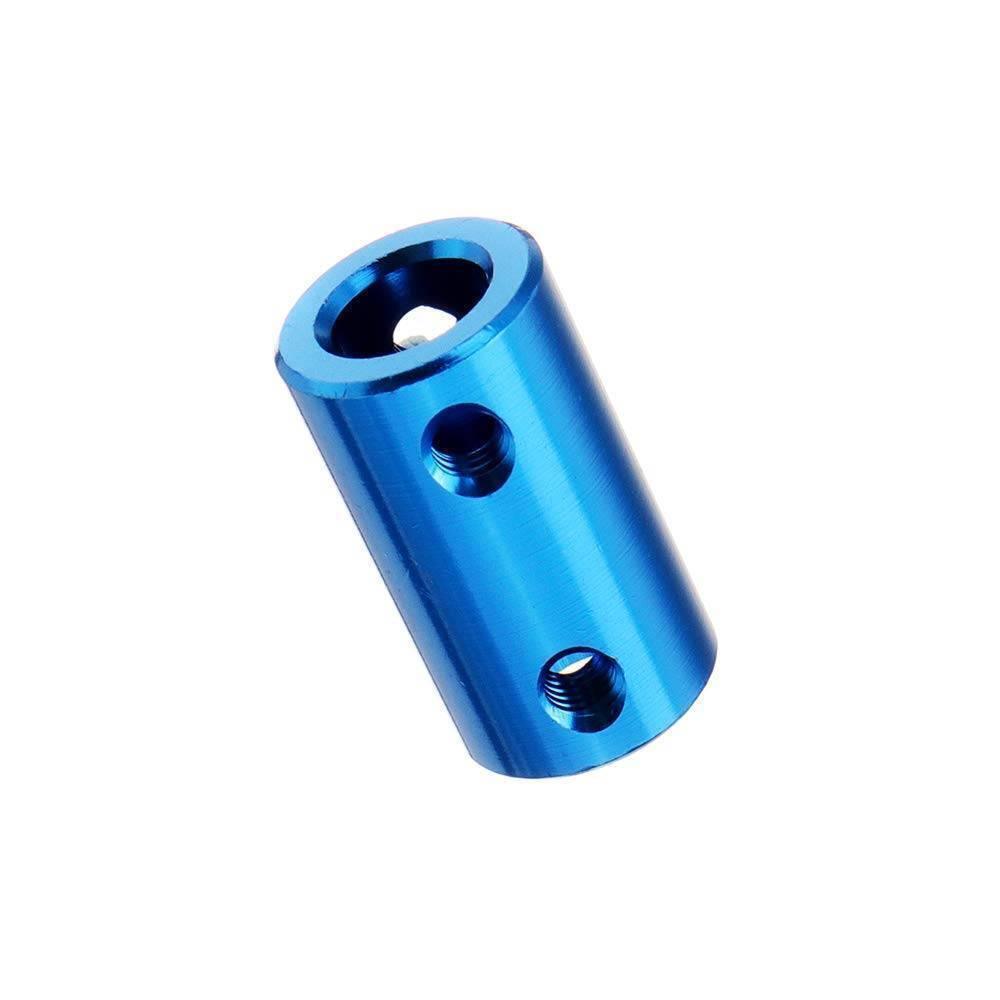 Rigid Shaft Coupler 5x8mm - a cylindrical blue metal component featuring one hollow end and two threaded side holes for securing shafts.