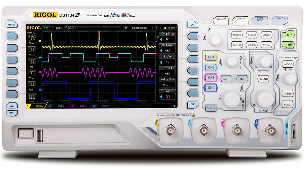 Rigol DS1104Z 100 MHz 4-channel digital oscilloscope front panel showing four waveforms