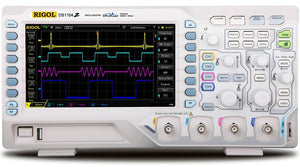 Rigol DS1104Z 100 MHz 4-channel digital oscilloscope front panel showing four waveforms