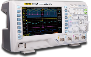 Rigol DS1104Z digital oscilloscope angled view with UltraVision display and four BNC inputs