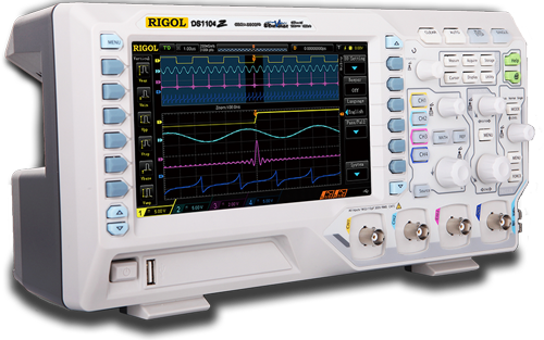 Rigol DS1104Z digital oscilloscope angled view with UltraVision display and four BNC inputs