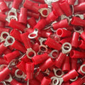 Ring Type Cable Lugs O Type Thimble Cable lug tubular, M3mm, 0.25-1.5MM2 Copper Terminal - a pile of red insulated circular copper terminal connectors with small ring-shaped ends.
