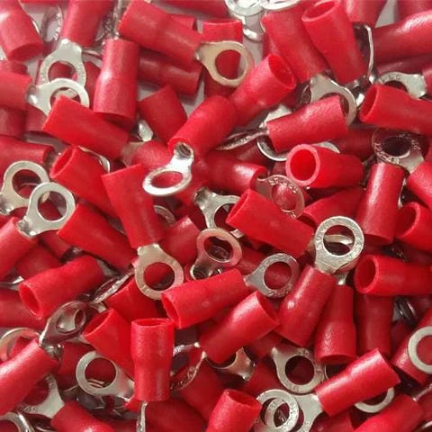 Ring Type Cable Lugs O Type Thimble Cable lug tubular, M3mm, 0.25-1.5MM2 Copper Terminal - a pile of red insulated circular copper terminal connectors with small ring-shaped ends.