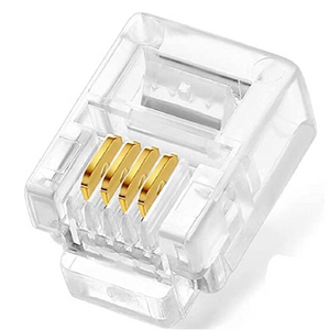 RJ11 Telephone Phone Connector 4 pin Internet Cable Connector - a close-up of a clear plastic modular plug featuring four gold-plated metal contact pins.