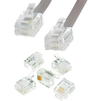 RJ11 Telephone Phone Connector 4 pin Internet Cable Connector - shown as a flat cable with two attached clear plastic connectors and five loose connectors.