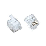 RJ12 6 pin Crimp Connector - two clear plastic modular connectors with six gold-plated metal pins each, viewed from different angles.