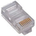 RJ45 Male Connector 8 Pin - a close-up shot of a single transparent plastic modular plug featuring eight gold-plated metal contact pins.