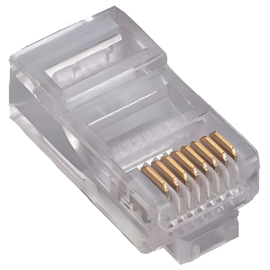 RJ45 Male Connector 8 Pin - a close-up shot of a single transparent plastic modular plug featuring eight gold-plated metal contact pins.