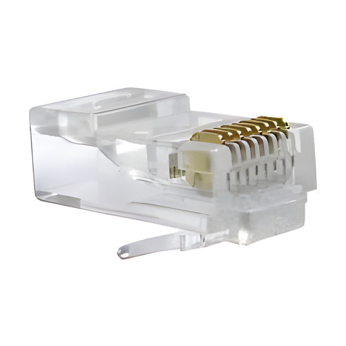 RJ45 Male Connector 8 Pin - a close-up of a clear plastic modular plug featuring eight gold-plated metal contact pins and a flexible locking tab.