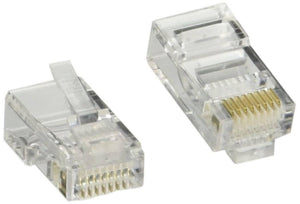 RJ45 Male Connector 8 Pin - shown as two clear plastic modular plugs with eight gold-plated metal contact pins.
