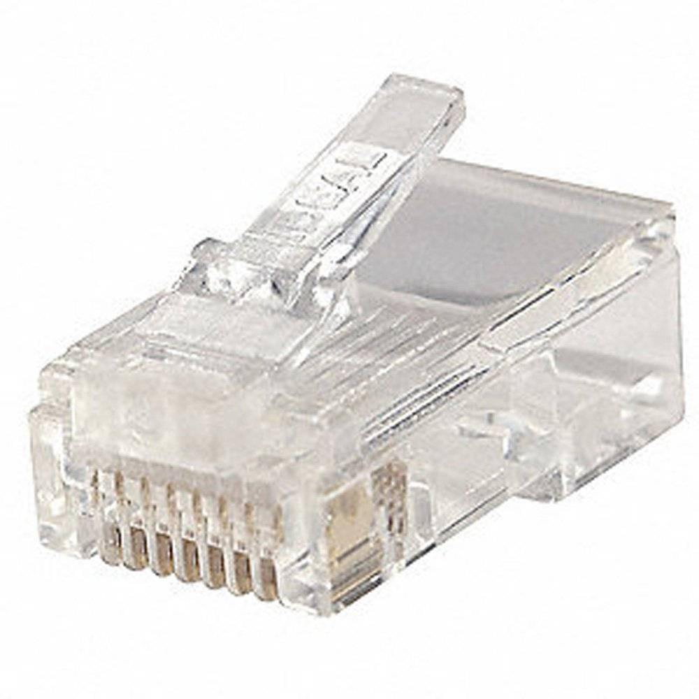 RJ45 Male Connector 8 Pin - a transparent plastic modular plug with eight gold-plated metal contact pins and a locking tab.