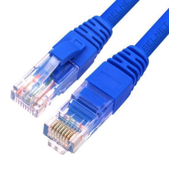 RJ45 Network Ethernet Cable 1m Male To Male Jack Straight Cable 1 Meter Configuration - two blue male RJ45 connectors with clear plastic ends and exposed gold contact pins at the ends of a blue cable.