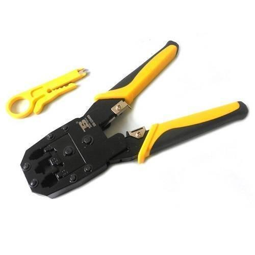 RJ45 RJ11 Modular Plug Network Crimper Tools - shown with a black and yellow crimping tool and a small yellow wire stripper accessory.
