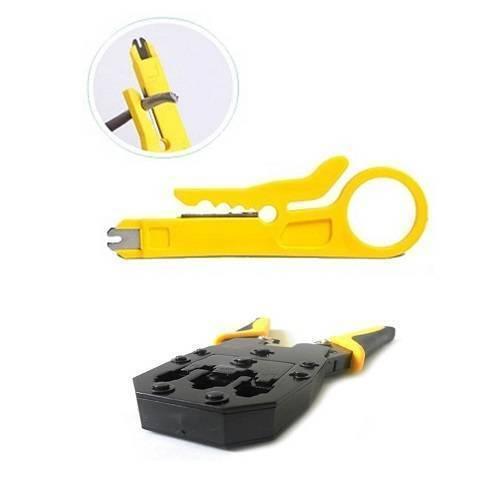 RJ45 RJ11 Modular Plug Network Crimper Tools - a yellow wire stripper tool with a close-up inset and a black and yellow crimping tool.