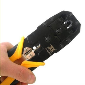 RJ45 RJ11 Modular Plug Network Crimper Tools - shown in a close-up, held by a hand, featuring a black metal head and yellow and black handles.
