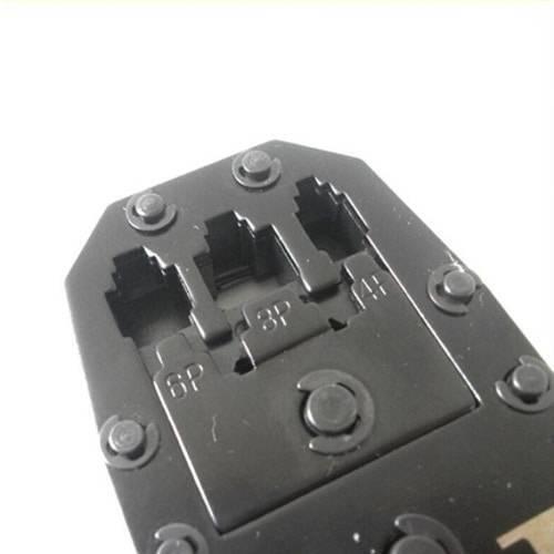 RJ45 RJ11 Modular Plug Network Crimper Tools - a close-up of the black metal crimping head showing 6P, 8P, and 4P connector slots.