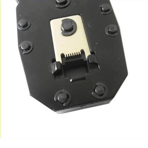 RJ45 RJ11 Modular Plug Network Crimper Tools - a close-up view of the black metal crimping head featuring a modular connector slot and contact pins.