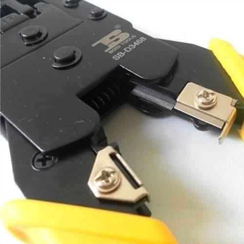 RJ45 RJ11 Modular Plug Network Crimper Tools - a close-up view of the black metal crimping head with yellow handles and visible cutting blades.