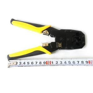 RJ45 RJ11 Modular Plug Network Crimper Tools - shown with yellow and black handles, a black metal head, and a measuring tape indicating its size.