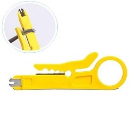 RJ45 RJ11 Modular Plug Network Crimper Tools - a yellow plastic wire stripper with a finger ring and a close-up inset showing it stripping a cable.