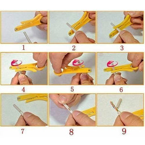 RJ45 RJ11 Modular Plug Network Crimper Tools - shown in a nine-step instructional sequence demonstrating how to use the yellow cable stripper on a wire.