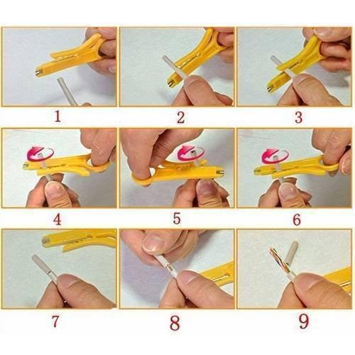 RJ45 RJ11 Modular Plug Network Crimper Tools - shown in a nine-step instructional sequence demonstrating how to use the yellow cable stripper on a wire.