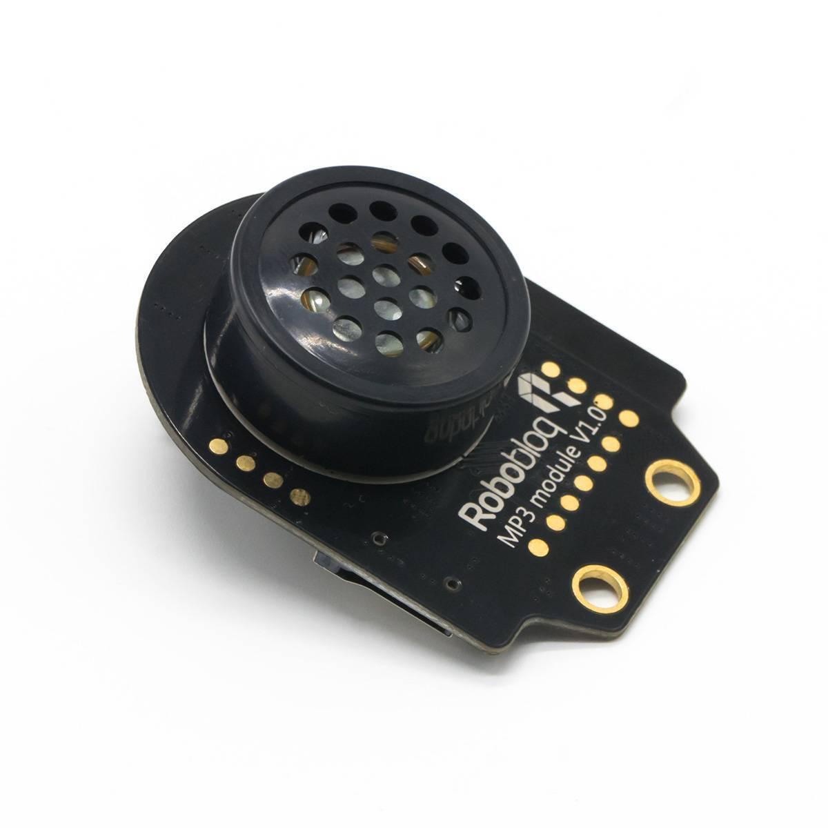 Robobloq MP3 Module With RJ11 Connecting Wire - a black, circular speaker mounted on a rectangular circuit board with gold contact pads and two mounting holes.