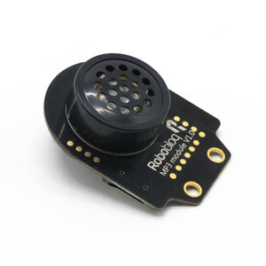 Robobloq MP3 Module With RJ11 Connecting Wire - a black, circular speaker mounted on a rectangular circuit board with gold contact pads and two mounting holes.