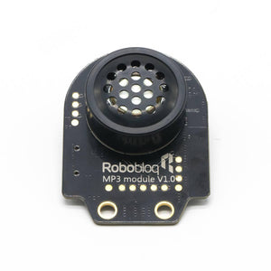 Robobloq MP3 Module With RJ11 Connecting Wire - a black, rounded circuit board with a central circular speaker and a row of gold contact pads.