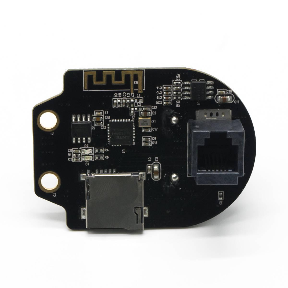Robobloq MP3 Module With RJ11 Connecting Wire - a black circuit board featuring an RJ11 port, an SD card slot, an antenna, and various electronic components.