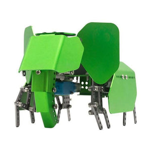 Robobloq Q-elephant Robot Kit - assembled into a green metallic elephant figure with visible metal structural components and a blue motor block.