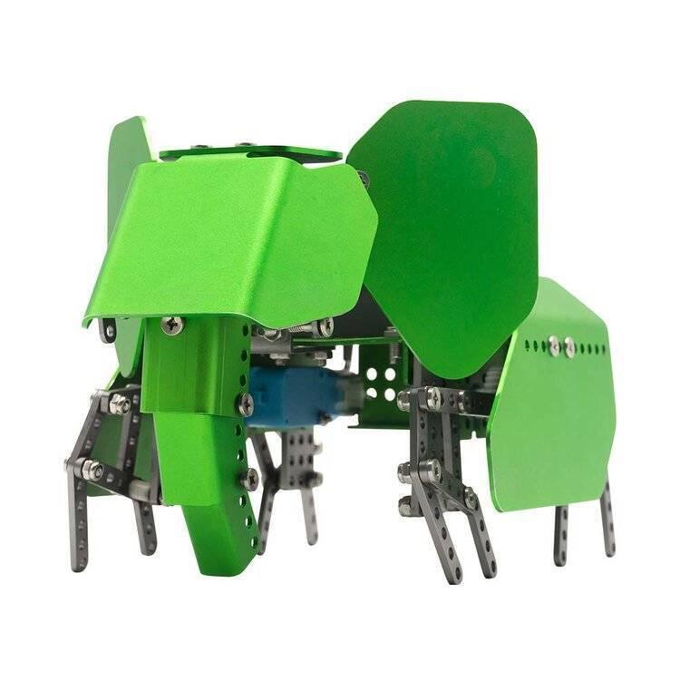 Robobloq Q-elephant Robot Kit - assembled into a green metallic elephant figure with visible metal structural components and a blue motor block.