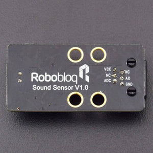 Robobloq Sound Sensor With RJ11 Connecting Wire - a black rectangular module featuring four mounting holes, a white logo, and labeled pin headers for VCC, NC, ADC, AO, and GND.