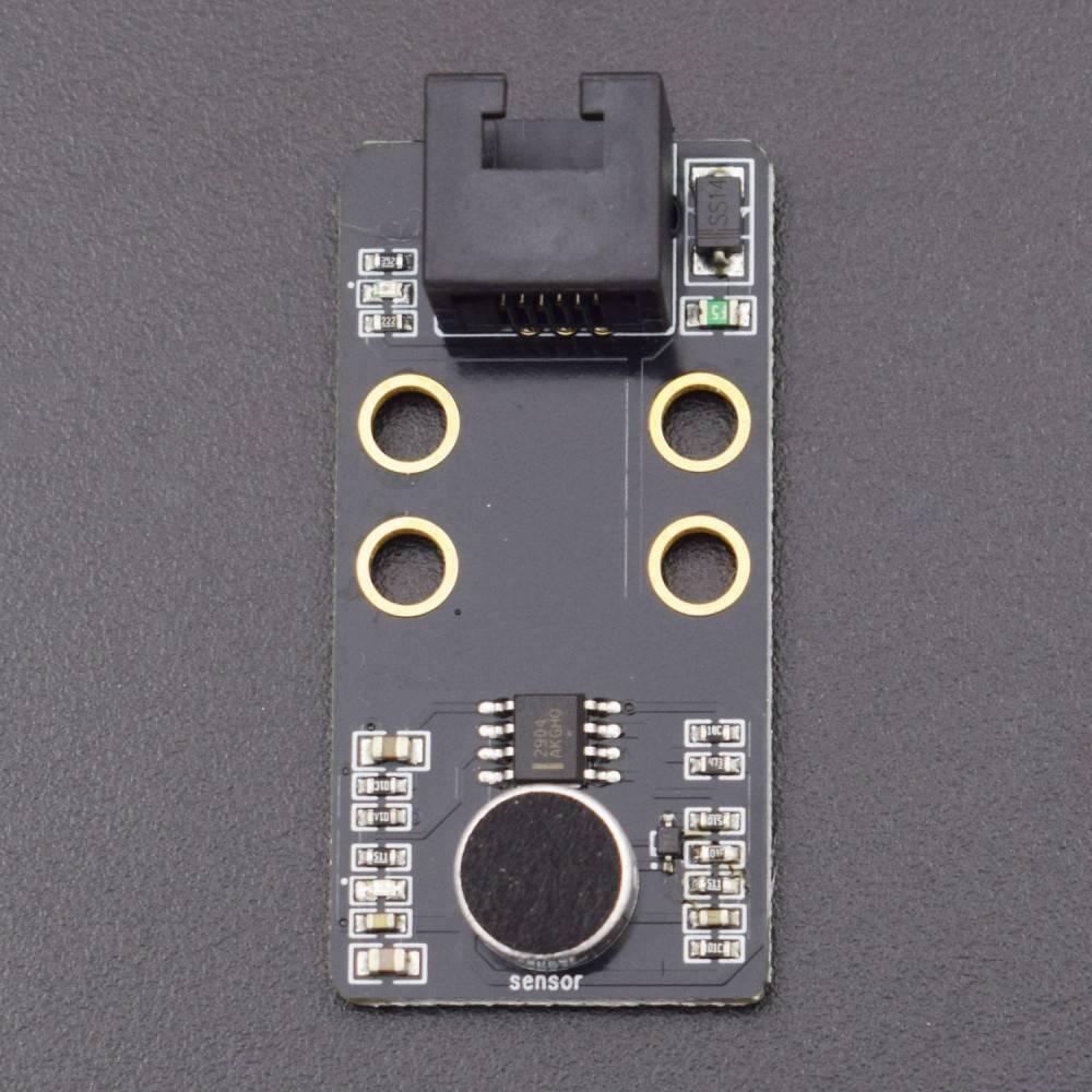 Robobloq Sound Sensor With RJ11 Connecting Wire - a black rectangular circuit board featuring a circular microphone, an RJ11 connector port, and various surface-mounted components.