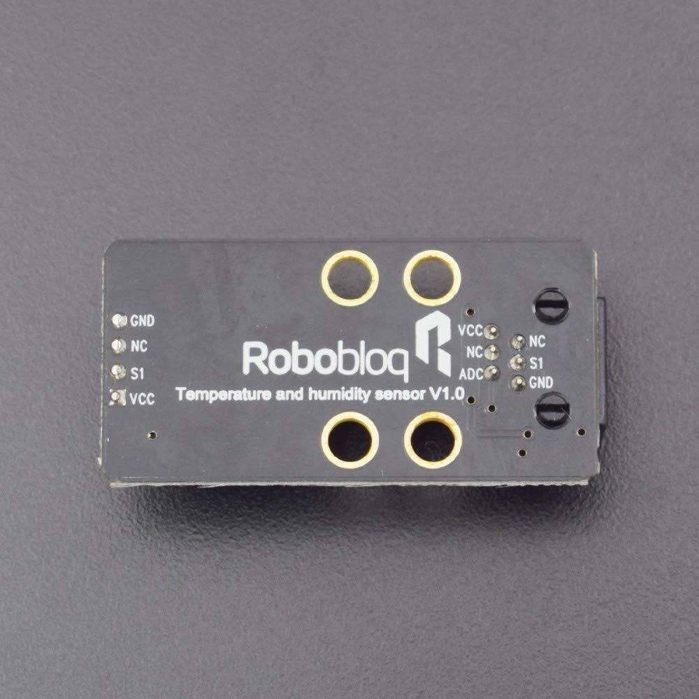 Robobloq Temperature And Humidity Sensor With RJ11 Connecting Wire - a rectangular black circuit board with printed labels for GND, NC, S1, VCC, and ADC ports.