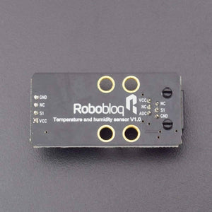 Robobloq Temperature And Humidity Sensor With RJ11 Connecting Wire - a rectangular black circuit board with printed labels for GND, NC, S1, VCC, and ADC ports.