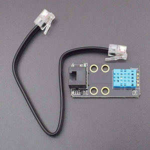 Robobloq Temperature And Humidity Sensor With RJ11 Connecting Wire - black PCB, a blue sensor module, an RJ11 port, and a black RJ11 connecting wire on a grey background.