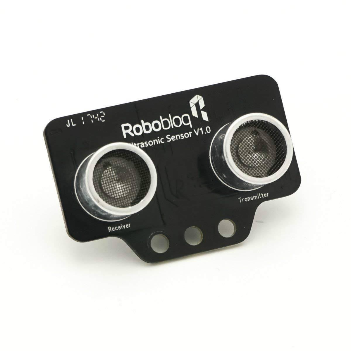 Robobloq Ultrasonic Sensor With RJ11 Connecting Wire - a black rectangular module featuring two circular silver-rimmed sensors labeled Receiver and Transmitter.