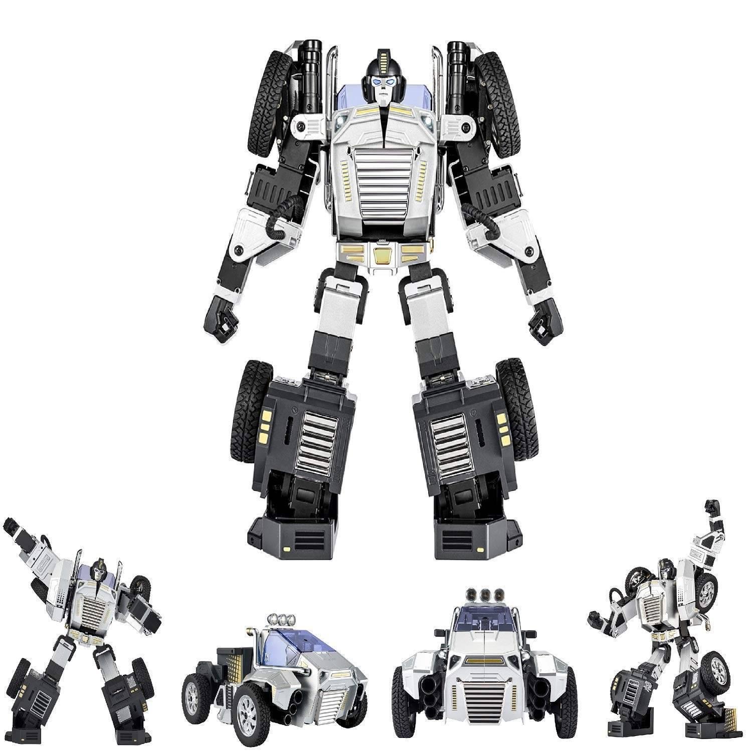 Robosen T9 - Advanced Programmable And Convertible Robot - STEM: Fun, Educational With Voice And App Control - shown in its white and black humanoid form, along with two additional poses and two views of its vehicle configuration.