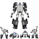 Robosen T9 - Advanced Programmable And Convertible Robot - STEM: Fun, Educational With Voice And App Control - shown in its white and black humanoid form, along with two additional poses and two views of its vehicle configuration.