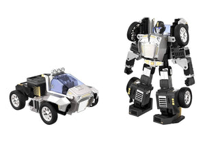 Robosen T9 - Advanced Programmable And Convertible Robot - STEM: Fun, Educational With Voice And App Control - shown as a silver and black robot in both its vehicle and standing humanoid robot forms.