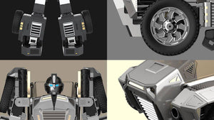 Robosen T9 - Advanced Programmable And Convertible Robot - STEM: Fun, Educational With Voice And App Control - close-up views of its grey mechanical limbs, wheels, head, and vehicle-mode front chassis details.