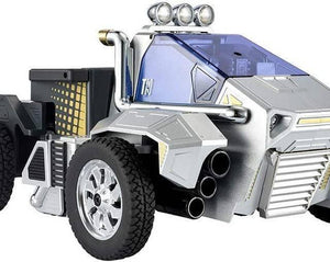 Robosen T9 - Advanced Programmable And Convertible Robot - STEM: Fun, Educational With Voice And App Control - a silver and black robotic vehicle featuring a blue windshield, three roof-mounted lights, and a side-mounted exhaust pipe.