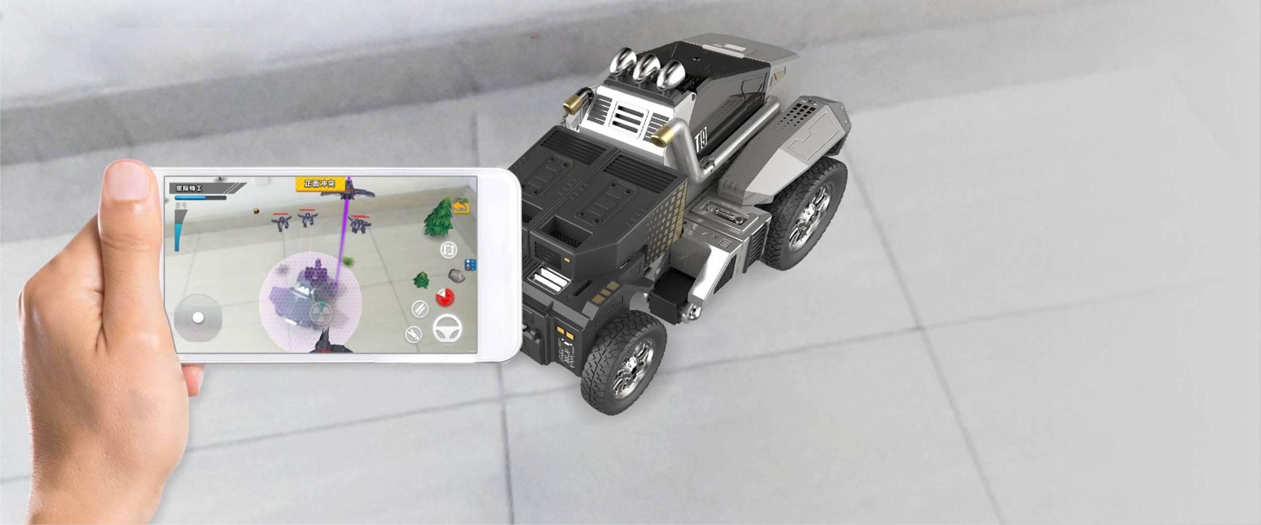 Robosen T9 - Advanced Programmable And Convertible Robot - STEM: Fun, Educational With Voice And App Control - a black and silver programmable robot, is shown being controlled by a smartphone app displaying a game interface.