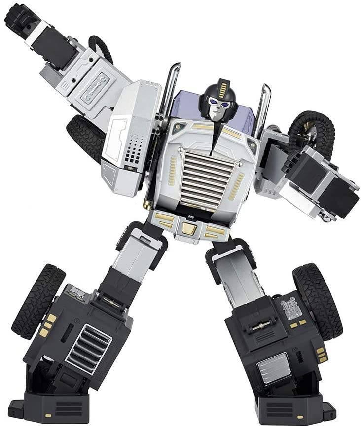 Robosen T9 - Advanced Programmable And Convertible Robot - STEM: Fun, Educational With Voice And App Control - in a dynamic pose, featuring a silver and black truck-inspired humanoid form with visible wheels and joints.