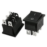 Rocker Switch Dpdt 6 Pin - two black rectangular switches with six metal connector pins on the bottom and on/off markings on the top.