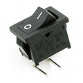 Rocker Switch - SPST Right Angle - a black rectangular rocker switch with a two-position toggle and two metal pins extending from the bottom.