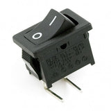 Rocker Switch - SPST Right Angle - a black rectangular rocker switch with a two-position toggle and two metal pins extending from the bottom.