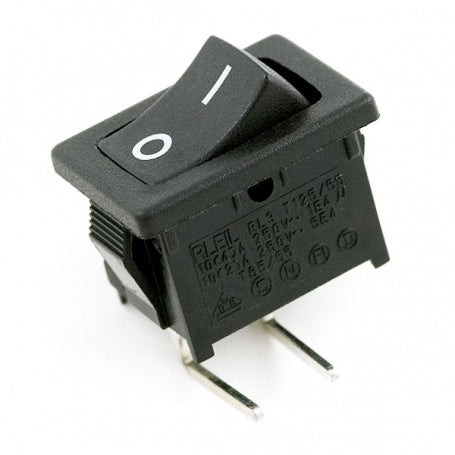 Rocker Switch - SPST Right Angle - a black rectangular rocker switch with a two-position toggle and two metal pins extending from the bottom.