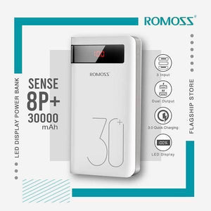 Romoss 30000mAh 18W Type c Pd 3 Outputs 3 Inputs Fast Charging Portable Charger Battery Pack Sense 8p+ Plus - a white rectangular portable charger with a digital LED display showing 100, set against a branded graphic background.